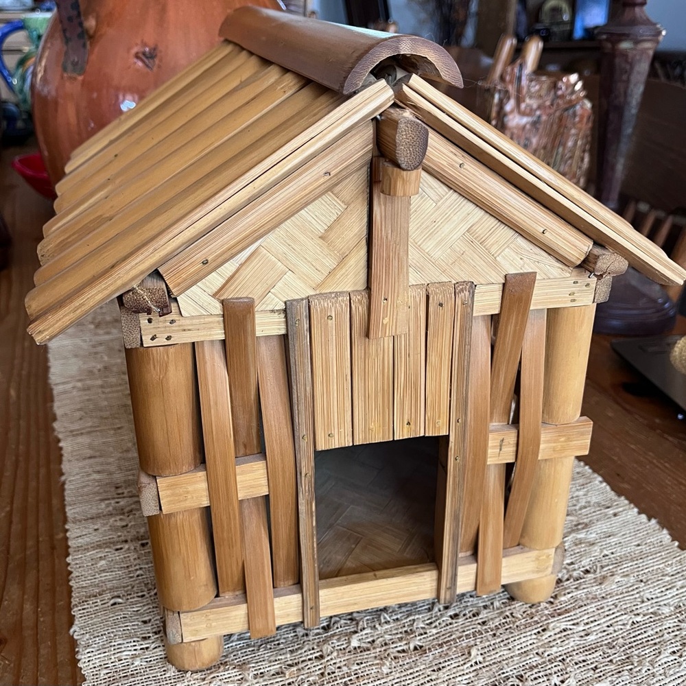 Handcrafted Decorative Bamboo Miniature House w Gabled Roof 12” x 12”